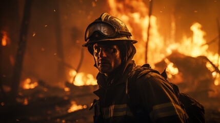 A firefighter standing in front of a fire - obrazy, fototapety, plakaty