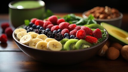 A close up of a bowl of smoothie with fruit on a table - Powered by Adobe