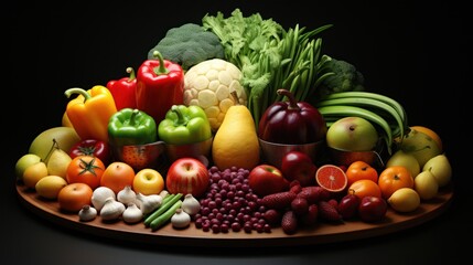 A wooden platter filled with lots of different types of fruits and vegetables