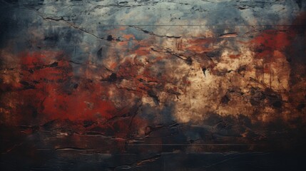 Close-up view of enlarged elderly rusty metal painting with textured reflection