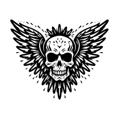 Bold and striking black and white Hand drawn illustration of a chicano skull with wings tattoo design, exuding power and edginess