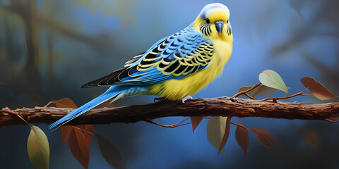 A blue and yellow budgie bird with a yellow and blue feather  Captivating Blue and Yellow Budgie - obrazy, fototapety, plakaty