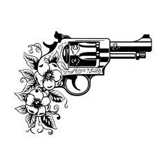 Tattoo illustration of revolver colt with three roses, Revolver with rose isolated on white, 