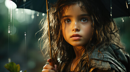 a kid girl holding umbrella in the forest - obrazy, fototapety, plakaty