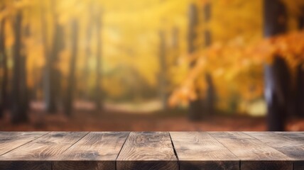 The empty rustic wooden table for product display with blur background of autumn forest. Exuberant image. generative ai - obrazy, fototapety, plakaty