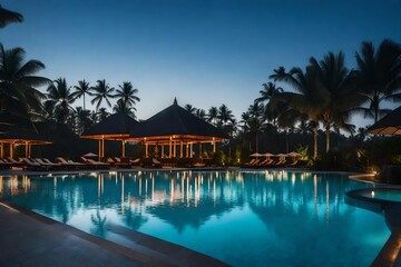 Fototapeta na wymiar A resort swimming pool at twilight