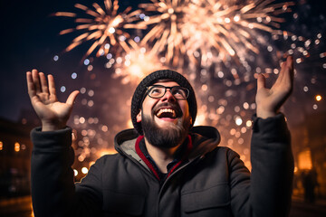 Portrait of happy man with a huge fireworks in the background - obrazy, fototapety, plakaty