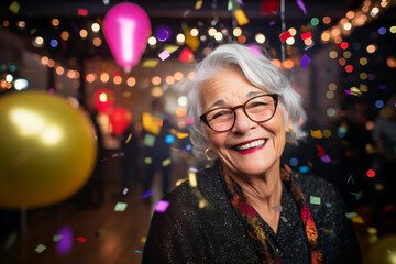 Obraz na płótnie Canvas Happy elderly woman celebrating new year eve with confetti falling on her