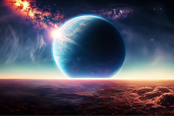 Planet emerging on the horizon of the universe epic scene with lights and space for text.
