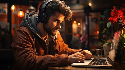 Young man playing a computer game on a laptop at home with headphones