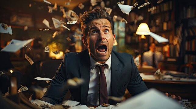 A screaming, frightened businessman in a suit is stressed and furious, with papers and documents flying around. Manager office worker experiencing problems with tax accounting