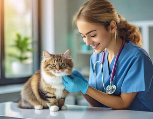 female veterinarian examining a cute cat  - obrazy, fototapety, plakaty