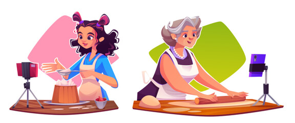 Female food bloggers cooking pastry on camera