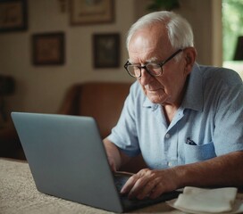 Elderly Gentleman Using Laptop Outdoors on a Sunny Day, Engrossed in Technology, Comfortable Casual Attire, Experiencing Modern Connectivity, Focused and Thoughtful Expression, Seated on Wicker Chair