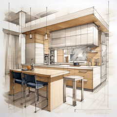 Beautiful kitchen design, drawing, kitchen with island. Kitchen sketch. Lines. Generative AI.
