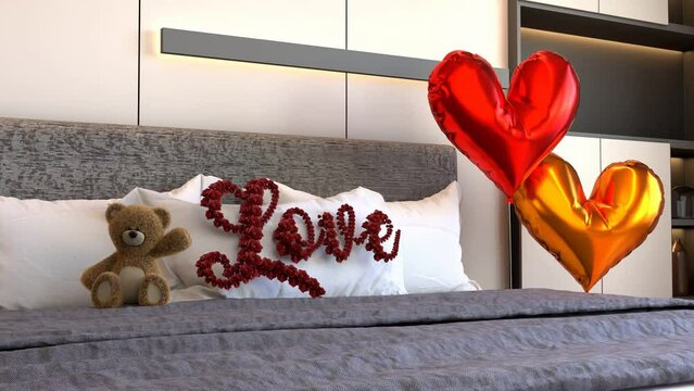 Love pillow a teddy bear and heart shaped balloons on a bed - 3D interior render
