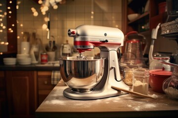 Electric stand mixer on kitchen counter top. Generative AI - obrazy, fototapety, plakaty
