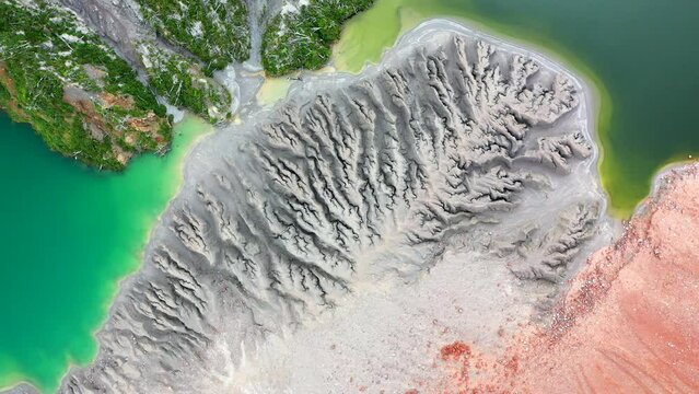 Scenic view Spinning shot Grey Sand Blue Green Lake Ocher Ground close Volcano Caldera Chaiten Chile