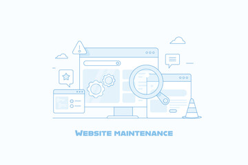 Website maintenance software installation, application system update, error fixing filled outline vector illustration.