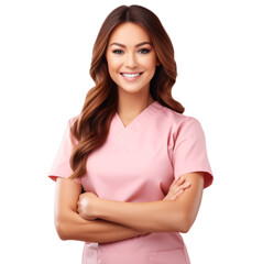 a portrait of arms crossed young Asian female nurse showing pride in his profession or job isolated on a transparent background, a professional nurse with a uniform photo PNG - obrazy, fototapety, plakaty