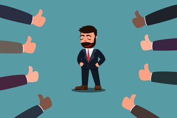 A businessman standing confidently is happy and proud to receive a thumbs up showing praise and praise. Well done or agreement symbol. Business compliment concept. Vector illustration