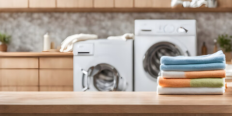 Wooden tabletop counter with towels. out of focus washing machine in home laundry.