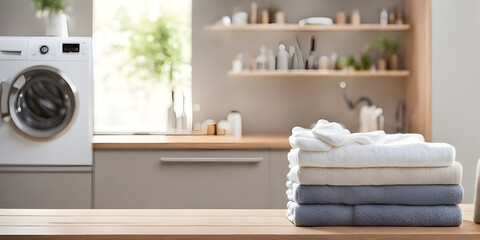 Wooden tabletop counter with towels. out of focus washing machine in home laundry.