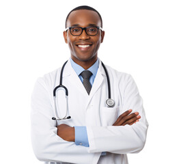 a portrait of arms crossed doctor showing pride in his profession or job isolated on a transparent background, a professional African American doctor with a Stethoscope and uniform photo or image PNG - obrazy, fototapety, plakaty