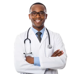 Poster a portrait of arms crossed doctor showing pride in his profession or job isolated on a transparent background, a professional African American doctor with a Stethoscope and uniform photo or image PNG © graphicbeezstock