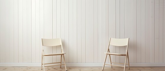 Minimalist Setting with Two White Folding Chairs Beside a Wooden Wall on a Wooden Floor. - obrazy, fototapety, plakaty