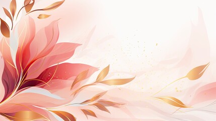 Luxurious Abstract Art Background with Golden Line Art Flowers and Botanical Leaves.