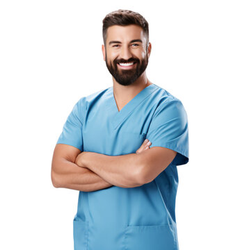a portrait of arms crossed male nurse showing pride in his profession or job isolated on a transparent background, a professional and handsome nurse with a uniform photo PNG