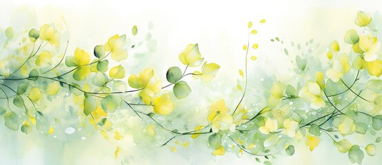 Abstract Watercolor Wallpaper with Decorative Plants in Light Green and Yellow.