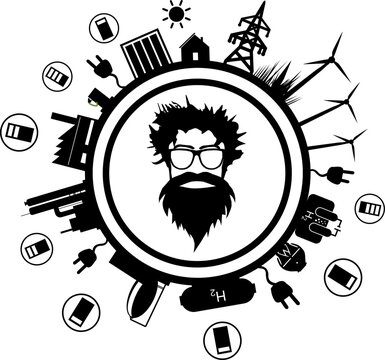 Vektor Darstellung Energie: Moderner Mann im Zentrum - globale Strategie f&uuml;r die Energiewende