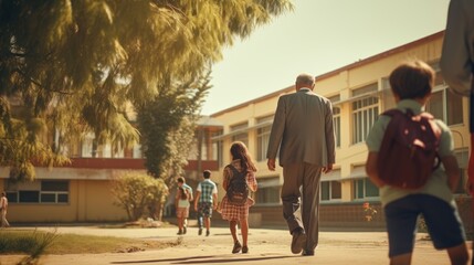 Senior grandparent picking up  grandchildren after school.