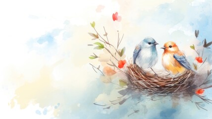 Two birds in a nest. Easter watercolor illustration. Card background frame. Copy space.