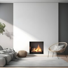 Wall mockup in modern home interior with fireplace, 3d render
