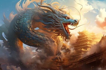 dragon in the sky. Celebrating Chinese culture - obrazy, fototapety, plakaty