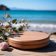 Wooden tray empty on ocean background. Generative AI.
