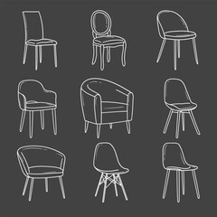 a set of chairs and armchairs drawn in a doodle sketch. vector illustration.