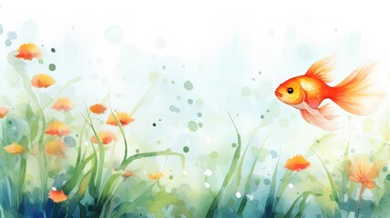 Goldfish watercolor illustration. Card background frame. Copy space.