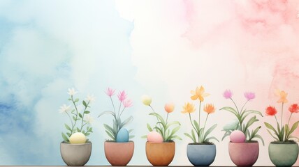 Spring flowers in pots and colored eggs. Easter watercolor illustration. Card background frame. Copy space.