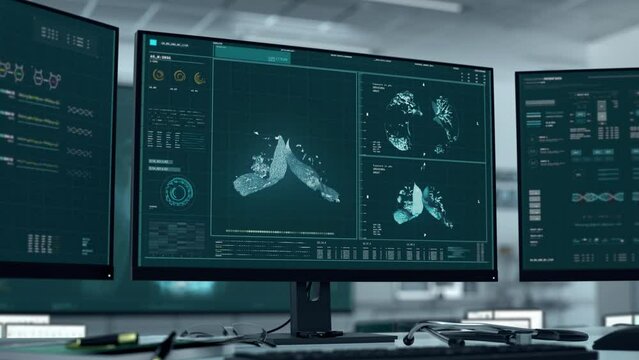 Examination of the patients organs to identify the disease. Examination system scanning through the lung organ searching for disease cells. Diagnosing Covid-19 virus disease after organ examination.