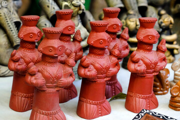 Pune, Maharashtra, India - November 03 2023; A Collection of Soil Artifacts made from clay and hand painted with vibrant bright colors in India.