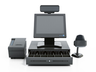 Generic cash register isolated on white background. 3D illustration - obrazy, fototapety, plakaty