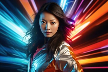 Vibrant Portrait of an Asian Woman with Flowing Locks Generative AI