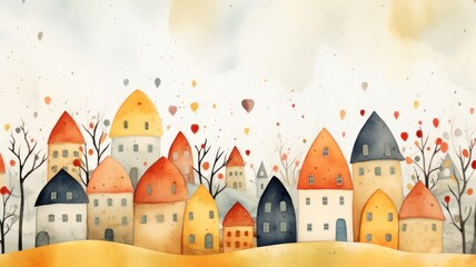 Houses and spring landscape watercolor illustration. Card background frame.