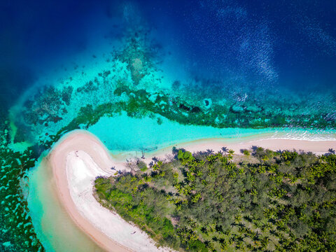 Top down view of tropical beach with palm trees, white sand and corals in the shallow turquoise water. Blue Lagoon, Yasawa Islands, Fiji. 