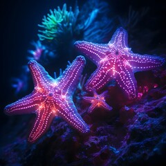 UV blacklight of two starfish in underwater