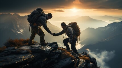 Two man working as a team climbing up to top of mountain. Team work concept. - obrazy, fototapety, plakaty